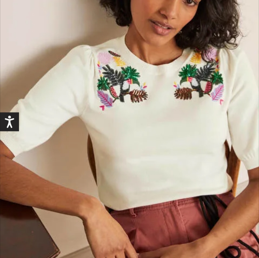 EUC Boden Belsay Embroidered Knitted Beaded Sequin Tropical Tee Medium